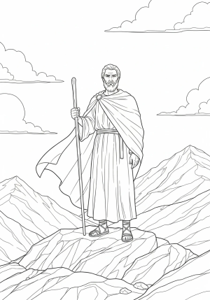 A detailed illustration of Elijah standing on a rocky hillside, holding a staff, with a flowing cloak and a contemplative expression, surrounded by clouds and mountains in the background