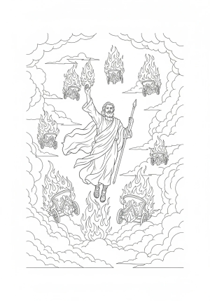 Elijah depicted in a dynamic pose, ascending into the sky with flames and chariots of fire surrounding him, with a dramatic sky filled with swirling clouds
