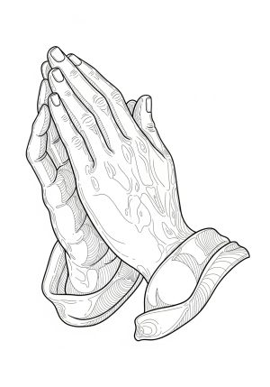 A detailed black and white line drawing of a pair of praying hands with intricate shading and patterns.