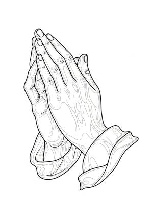 An elegant illustration of two hands clasped together in prayer, featuring delicate line work and ornate details.