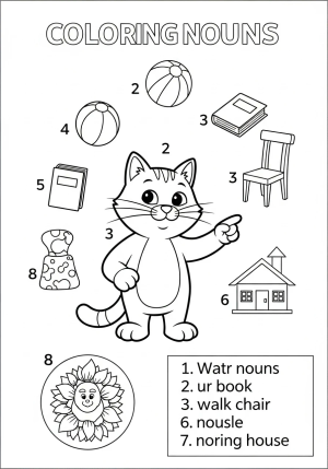 A simple, detailed illustration of a talking cat pointing to different objects around it to represent nouns, with clear outlines suitable for a beginner coloring page