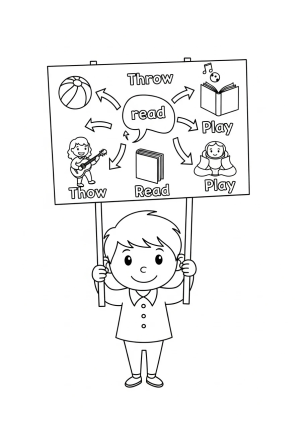 A friendly cartoon character holding a sign that highlights action words with arrows pointing to various objects or activities to help explain verbs for beginners