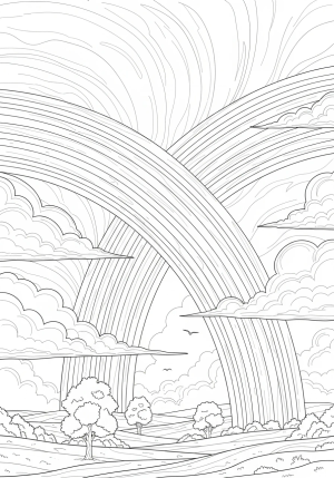 A detailed rainbow arching over a peaceful landscape with clouds and a few trees below
