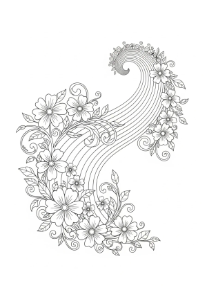 A whimsical scene of a rainbow intertwined with curling vines and blooming flowers in a fantasy garden