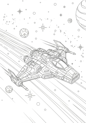 A detailed spaceship soaring through space with stars and planets in the background, featuring sleek lines and futuristic details