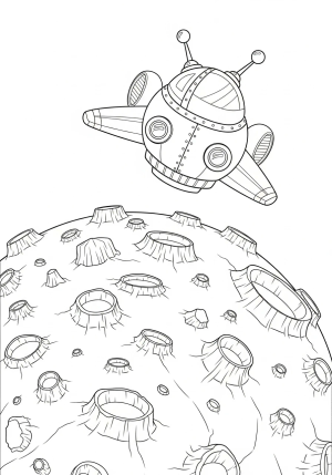 A playful cartoon-style spaceship flying over a whimsical alien planet with craters and strange rock formations