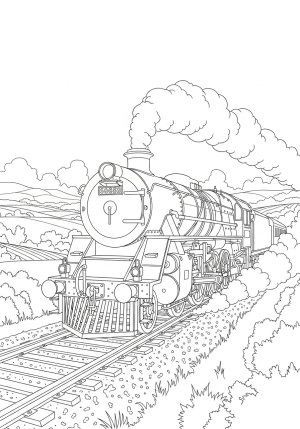A detailed steam locomotive chugging along a scenic countryside track with billowing smoke and intricate machinery details.