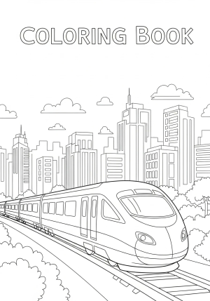 A playful modern train with sleek design speeding through a cityscape, with surrounding buildings and trees in the background.
