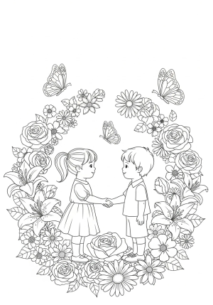 A gentle scene of two children shaking hands surrounded by blooming flowers and butterflies, symbolizing reconciliation and peace