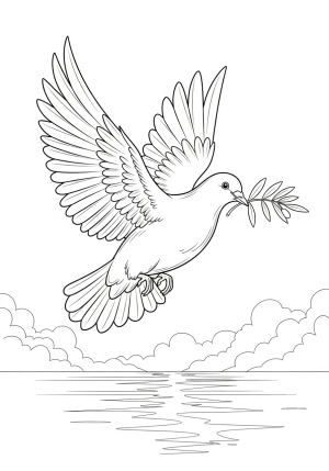 A peaceful dove descending with an olive branch in its beak over a calm lake, representing hope and forgiveness