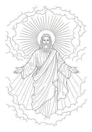 A majestic figure of God with flowing robes and a radiant halo, surrounded by clouds and celestial light.