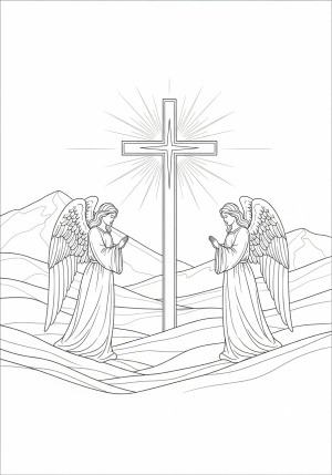 A peaceful scene depicting a divine landscape with a shining cross at the center, flanked by gentle angels with outstretched wings.