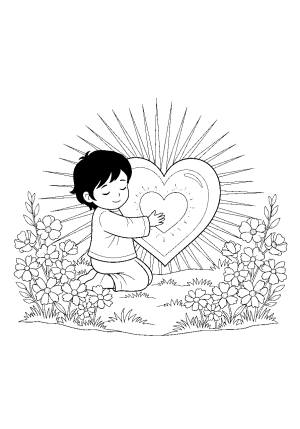 A gentle scene of a child hugging a large, shining heart symbolizing God's love amidst blooming flowers.