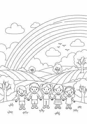 A peaceful depiction of a radiant rainbow arching over a serene landscape with children holding hands, illustrating God's love and unity.