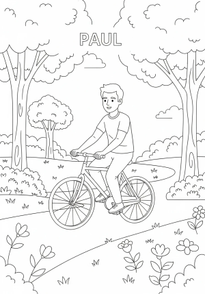 A cheerful illustration of Paul riding a bicycle through a park with trees and flowers around him