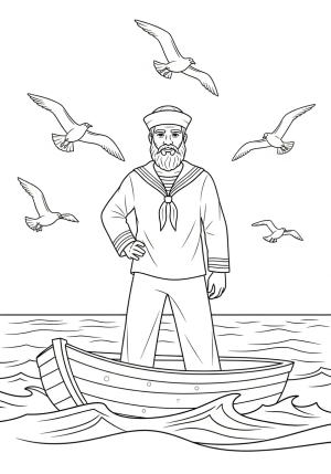Paul dressed as a sailor, standing on a boat with waves and seagulls in the background