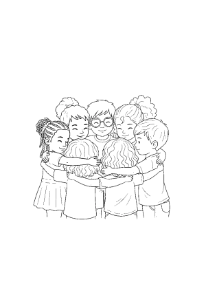 A diverse group of children sharing a big hug, symbolizing kindness and mutual respect