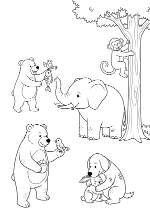 A friendly animal community, where different animals are helping each other and showing respect