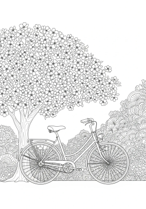 A serene scene of a vintage bicycle leaning against a blooming cherry blossom tree with intricate patterns in the background
