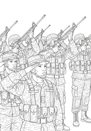 A detailed illustration of a group of soldiers in camouflage uniforms saluting with their rifles raised, positioned in a dynamic formation