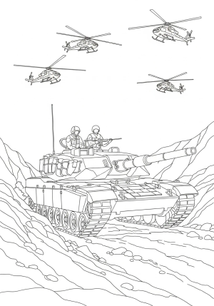 An intricate scene featuring a military tank crossing rough terrain with soldiers in helmets operating it, surrounded by helicopters flying overhead