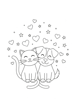 Two smiling animals, a cat and a dog, sitting close together with their tails intertwined and surrounded by hearts and stars