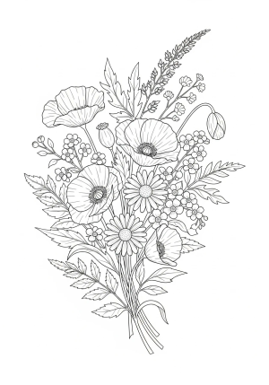 An intricate bouquet of various wildflowers with detailed leaves and stems, arranged in a lush, flowing composition