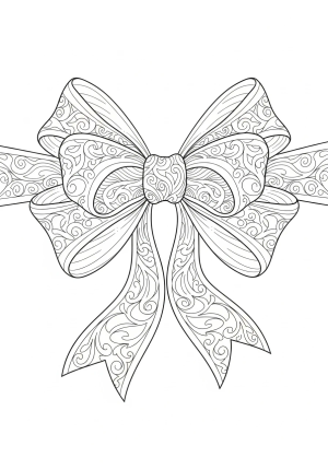 A detailed illustration of a large ornate bow with swirling ribbon loops and intricate patterns hidden within the design