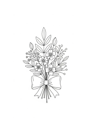 A charming scene of a small, whimsical bow tied around a bunch of flowers with delicate leaves and tiny decorative accents