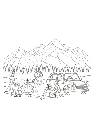 A family of campers setting up their tents next to a cheerful car, with mountains and a forest in the background.