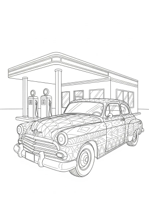 A classic vintage car parked in front of a retro gas station with intricate patterns on the vehicle and surroundings