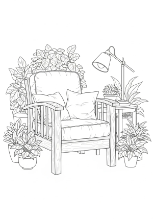 A cozy wooden armchair with plush cushions and a small side table, surrounded by potted plants and a reading lamp.