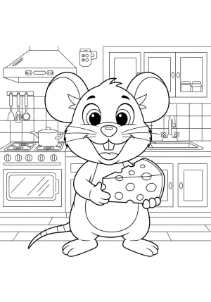 A cheerful cartoon mouse holding a big slice of cheese inside a cozy kitchen scene