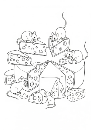 A whimsical illustration of a cheese wheel with various types of cheese, surrounded by playful mice and cheese wedges