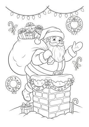 A jolly Santa Claus carrying a large sack of presents as he climbs down a chimney surrounded by festive decorations