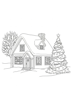 A cozy snow-covered cottage with a decorated Christmas tree outside and twinkling lights in the windows