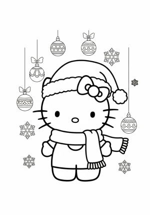 A cute Hello Kitty wearing a festive Santa hat and cozy winter scarf, surrounded by Christmas ornaments and snowflakes