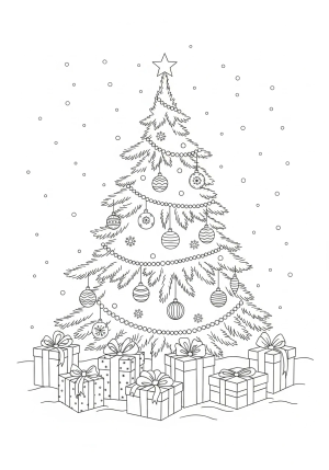 A cozy Christmas scene featuring a decorated pine tree surrounded by wrapped gifts and hanging ornaments with snow gently falling in the background