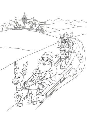A cheerful Santa Claus sledding down a snowy hill with reindeer and a Christmas village visible in the distance