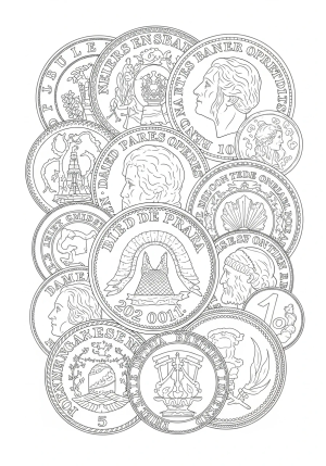 An intricate illustration of various vintage coins layered together with detailed patterns and textures, set against a simple background