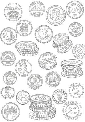 A playful arrangement of different coins from around the world, featuring unique shapes and detailed engravings, with some coins stacked and others scattered