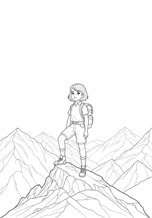 A brave young girl standing confidently on a mountain peak, gazing at the horizon with determination.