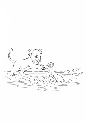 A heartwarming scene of a little lion cub helping a smaller animal cross a rushing river, symbolizing courage and kindness.