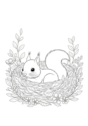 A adorable baby animal lounging in a cozy nest surrounded by flowers and gentle foliage