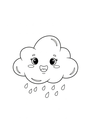 A cute, cheerful cartoon-style cloud with a smiling face and tiny rain drops drifting nearby