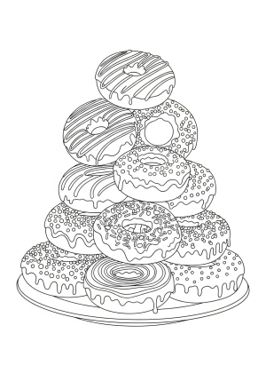 A whimsical assortment of donuts with sprinkles, swirls, and drizzles stacked playfully on a plate