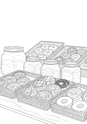 A charming scene of a donut shop counter with various donuts displayed in baskets and jars