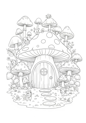 A whimsical door shaped like a giant mushroom with polka dots, nestled in a fairy-tale forest scene with mushrooms and tiny creatures