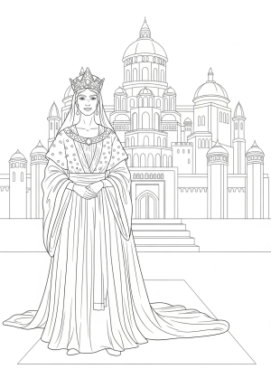A detailed scene of Queen Esther dressed in regal robes, standing confidently with a royal palace in the background.