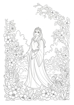 Esther surrounded by blooming flowers and lush foliage in a peaceful garden setting, wearing an elegant gown and a crown.